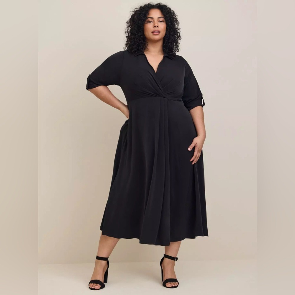 Torrid midi crepe de chine collared shirt dress black new women's size 1X(14/16)